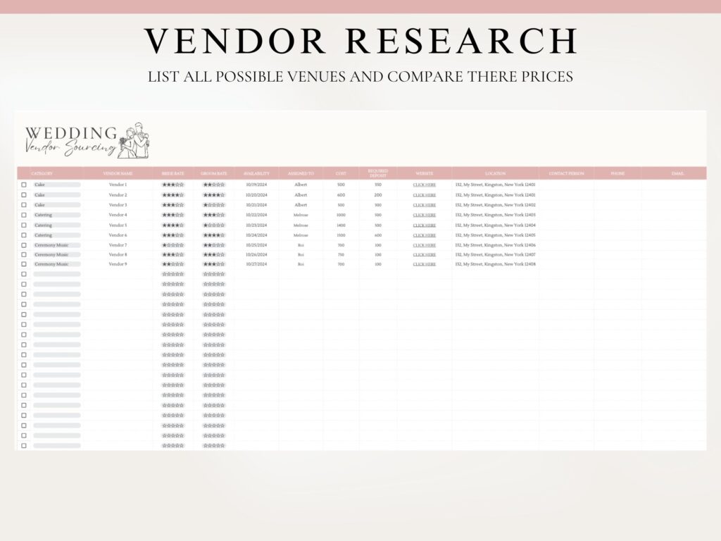 Wedding vendor sourcing tab for comparing supplier quotes