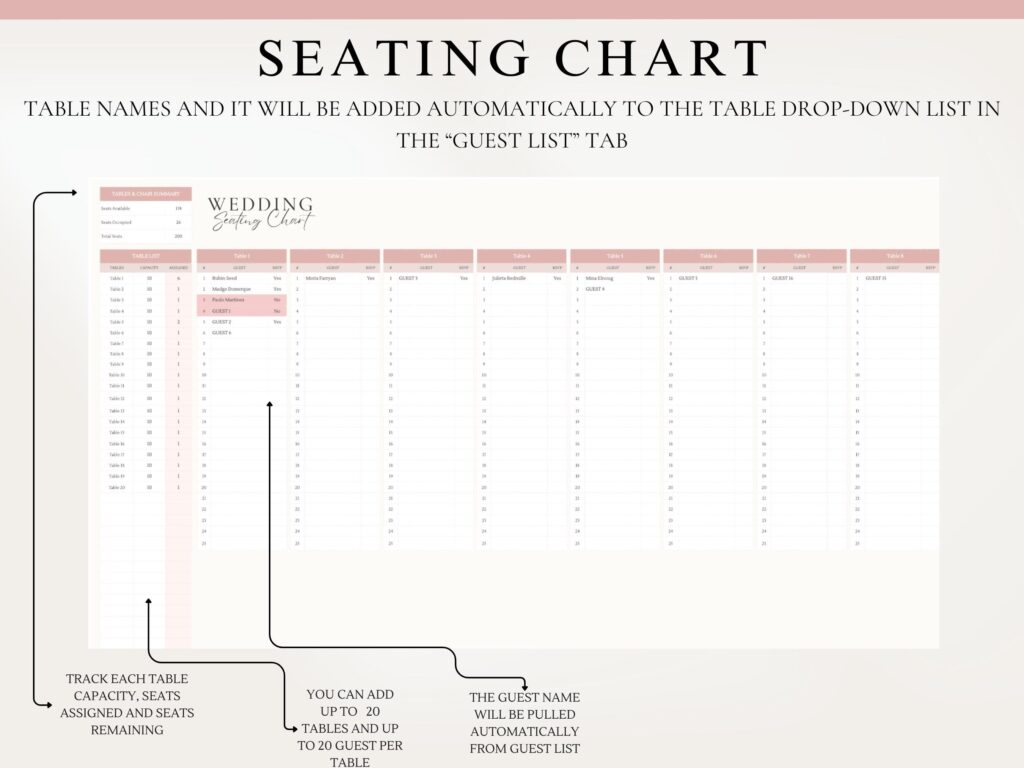 Wedding seating chart tab with tables and guest capacity