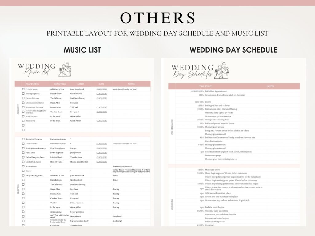 Wedding day schedule and music playlist tabs