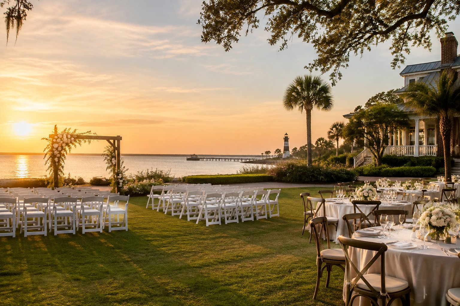 Elegant seaside wedding venue with white chairs, floral décor, and reception tables near the shore.
