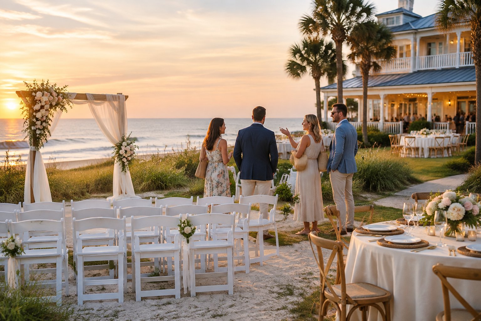 A couple and venue representatives view an elegant seaside wedding ceremony setup in Fernandina Beach.