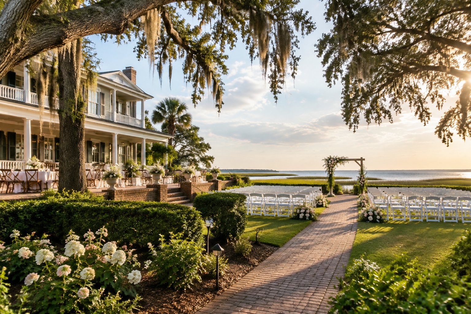 A charming coastal wedding venue with a garden, ceremony chairs, and a shoreline in Fernandina Beach.
