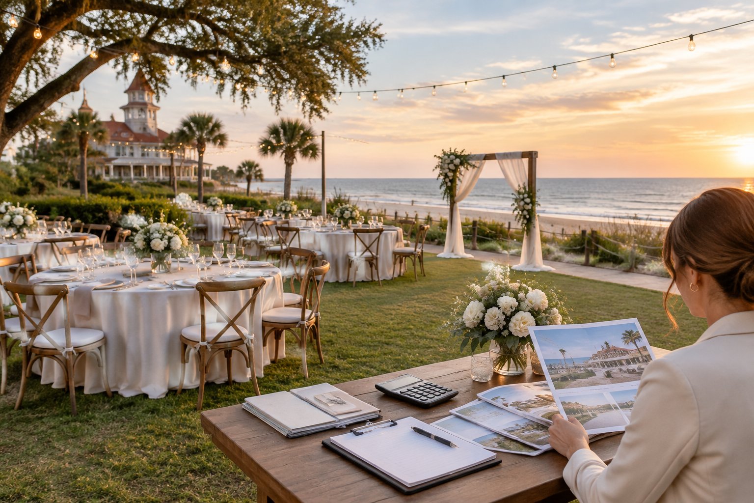 Elegant seaside wedding venue with reception tables and wedding planning materials overlooking the beach.
