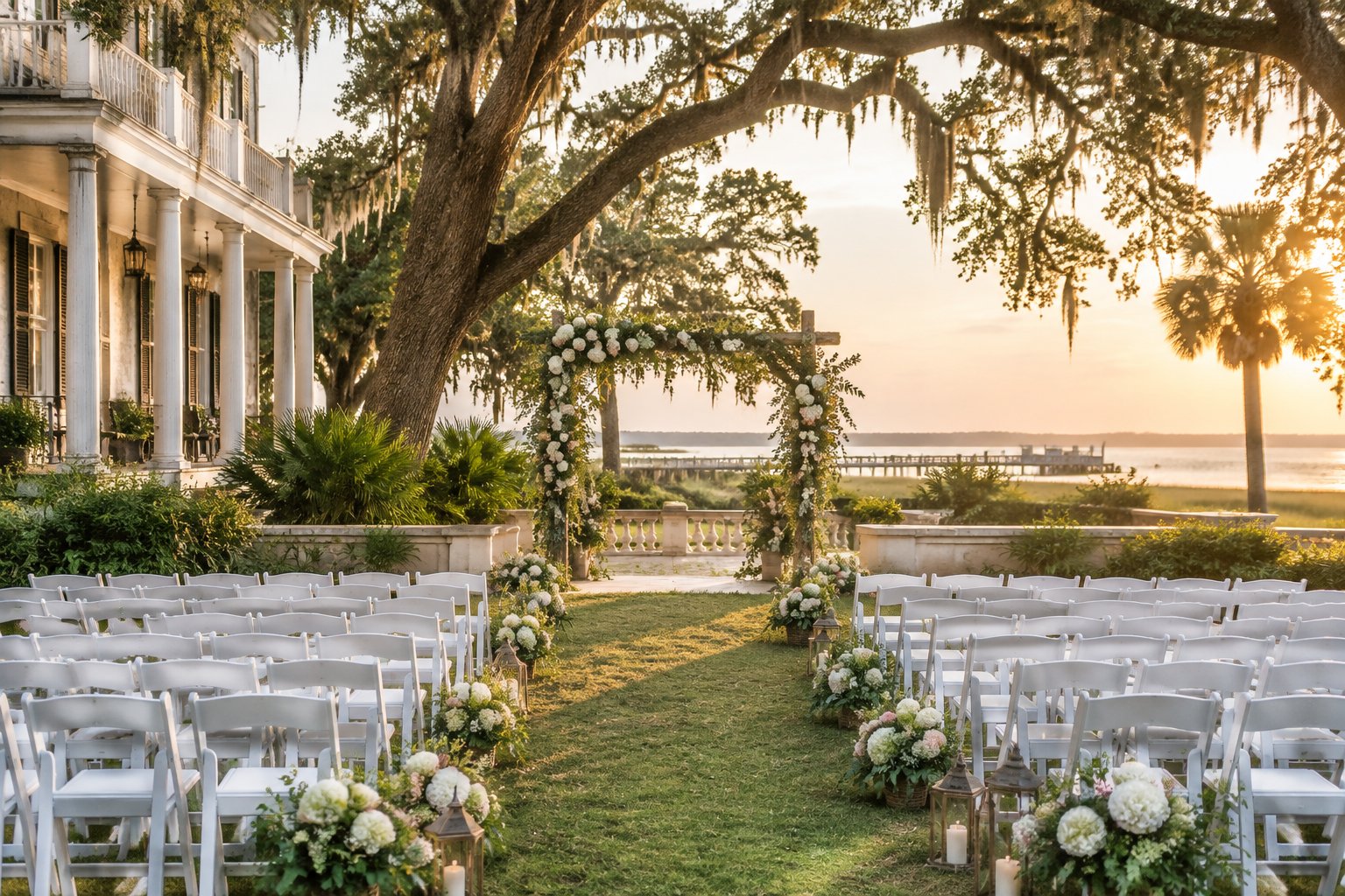 Elegant outdoor wedding ceremony at a historic coastal venue with a floral arch, white chairs, and lush greenery.