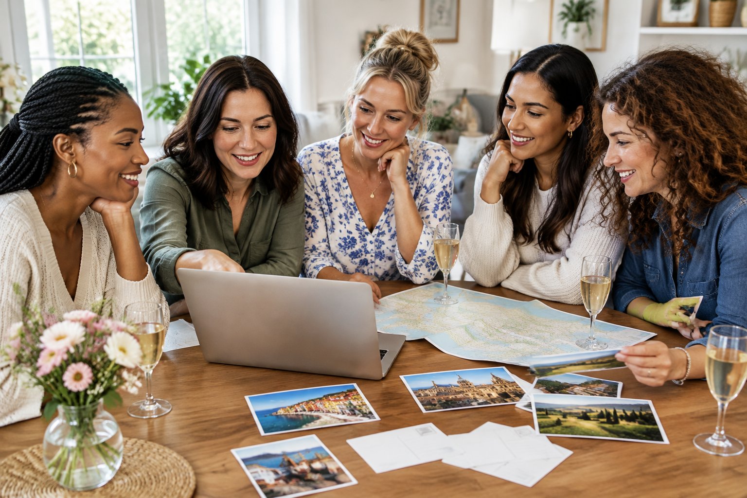 A group of friends compares travel ideas around a table.
