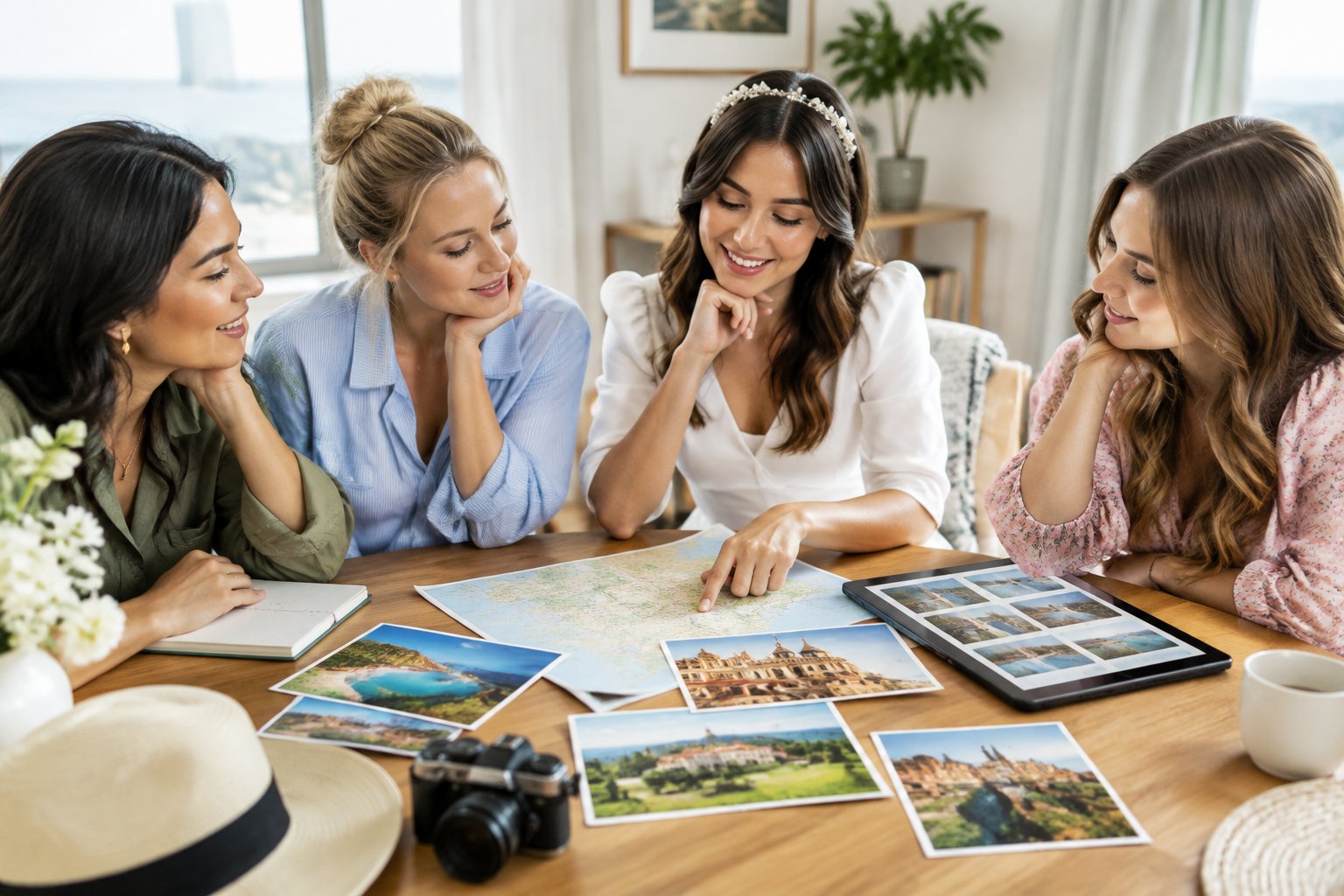 A bride-to-be and her friends compare travel ideas around a table.