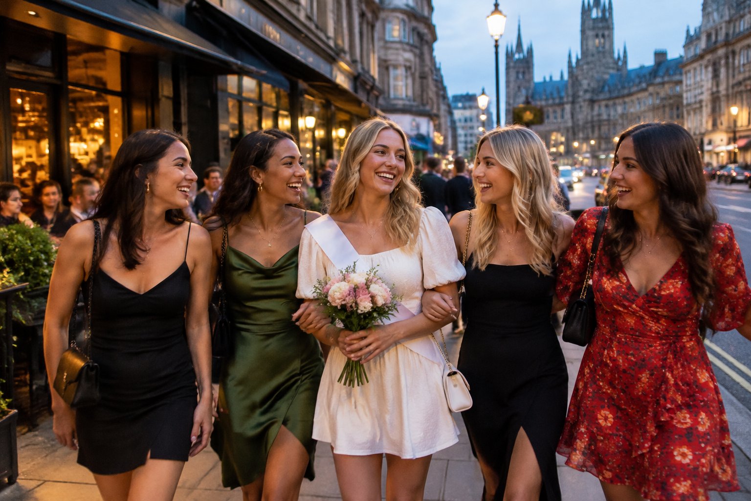 A group of women celebrates together on a lively city street near restaurants and bars.