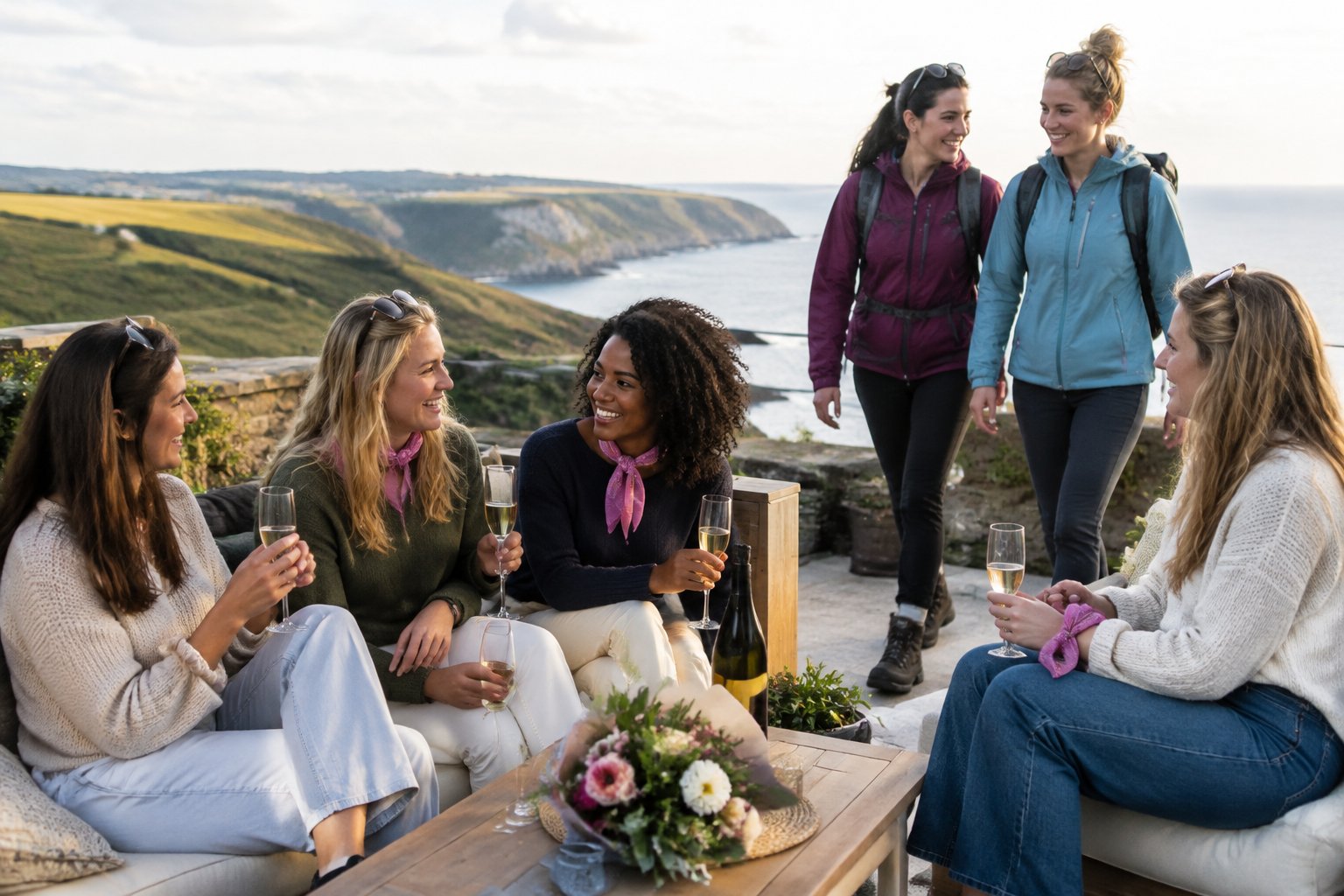 A group of friends relax together on a seaside terrace after a coastal walk.