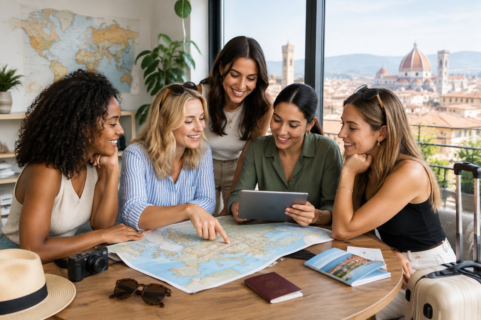 A group of friends gathers around a table to plan a trip.