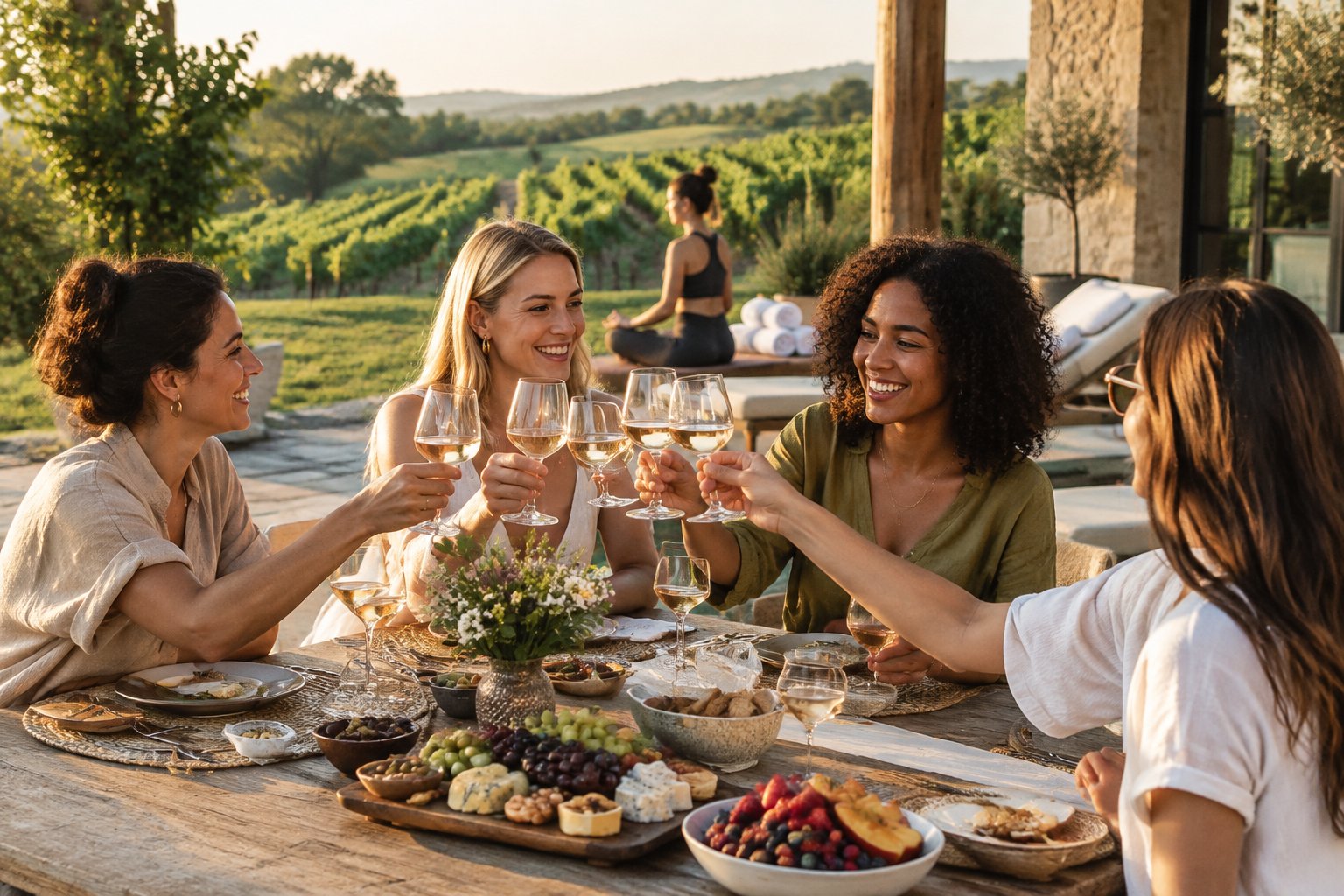 A group of women sharing food and wine at a countryside retreat.