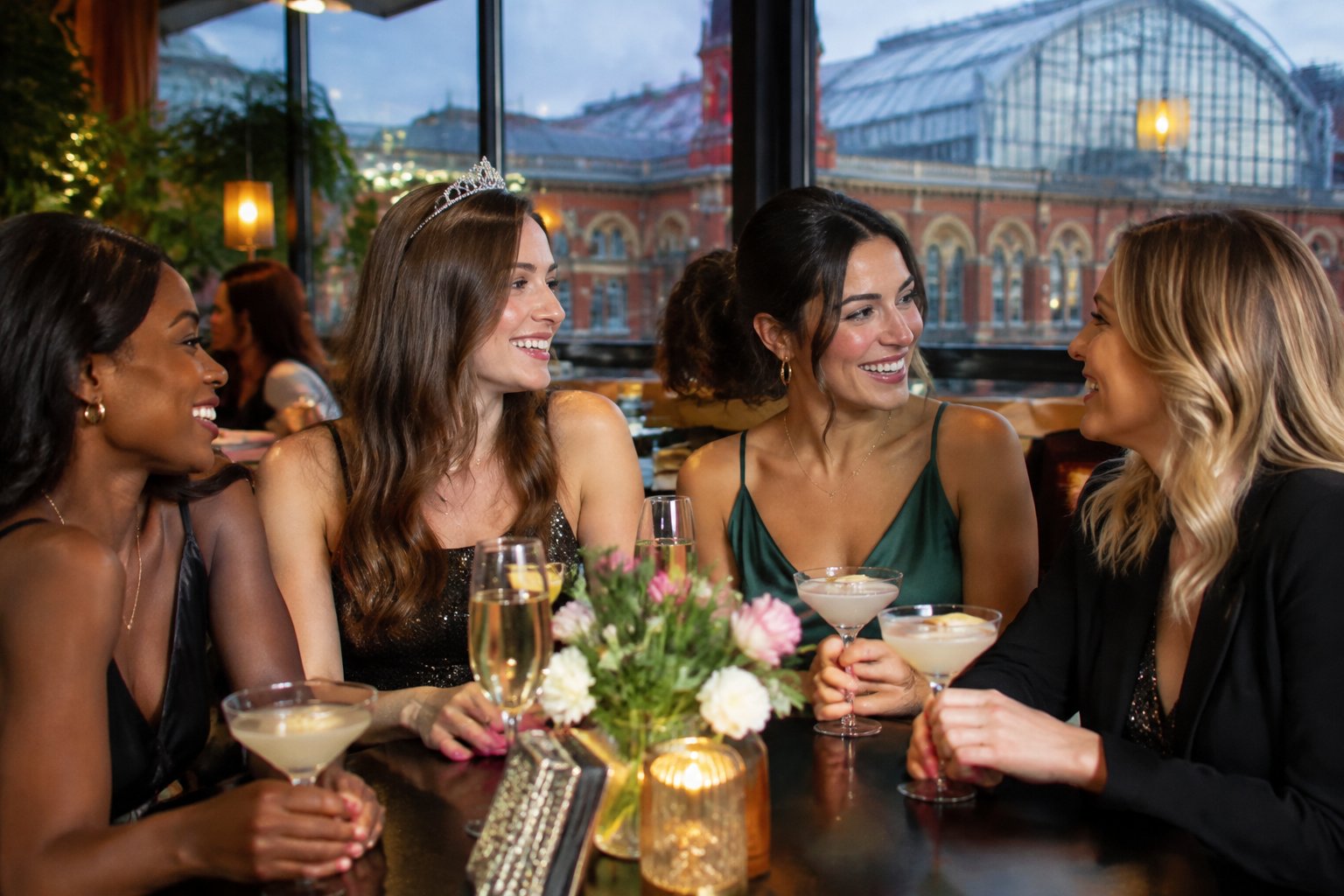 A group of friends celebrating at a restaurant near Olympia.
