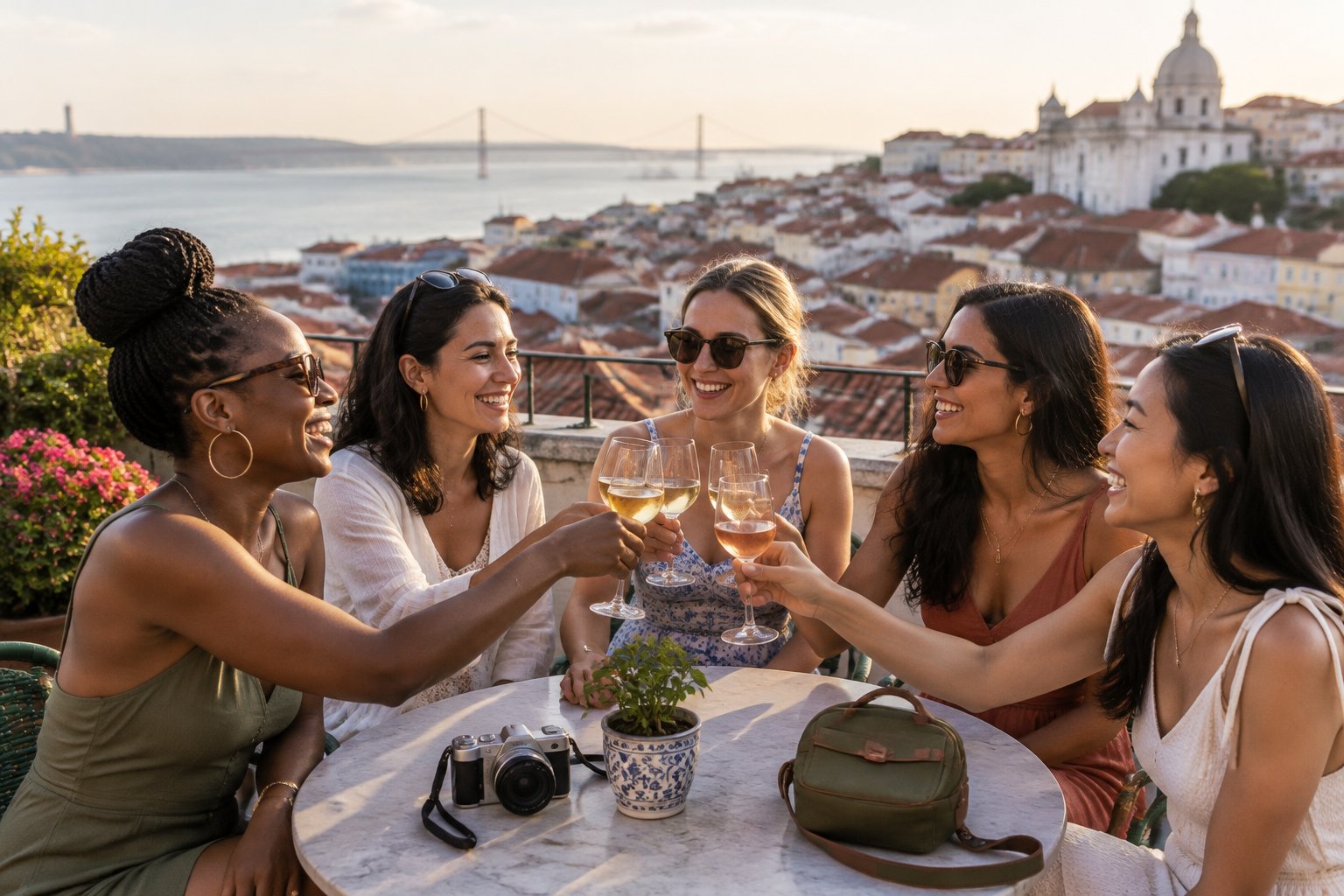 A group of friends toasting on a rooftop terrace overlooking a historic city.