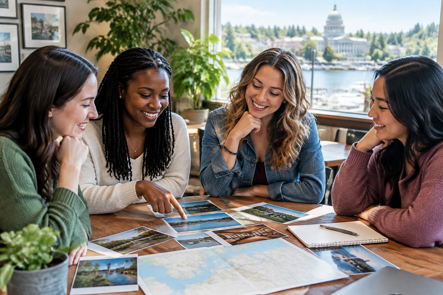 A group of friends compares venue options around a table.