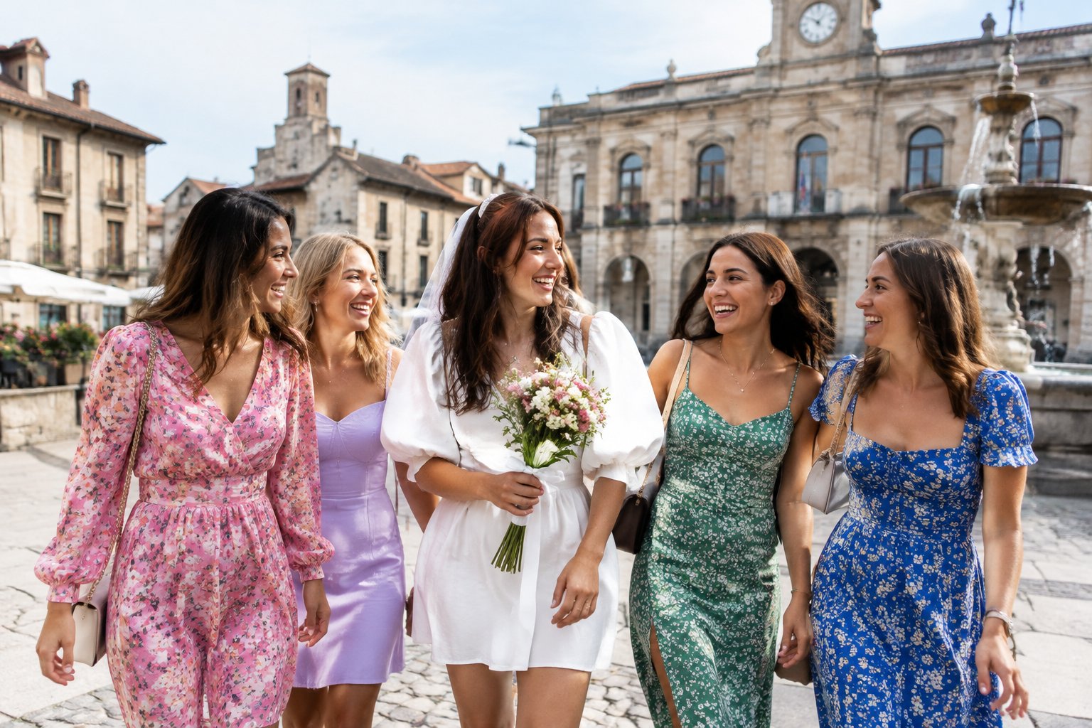 A group of friends celebrating together in a historic town square.