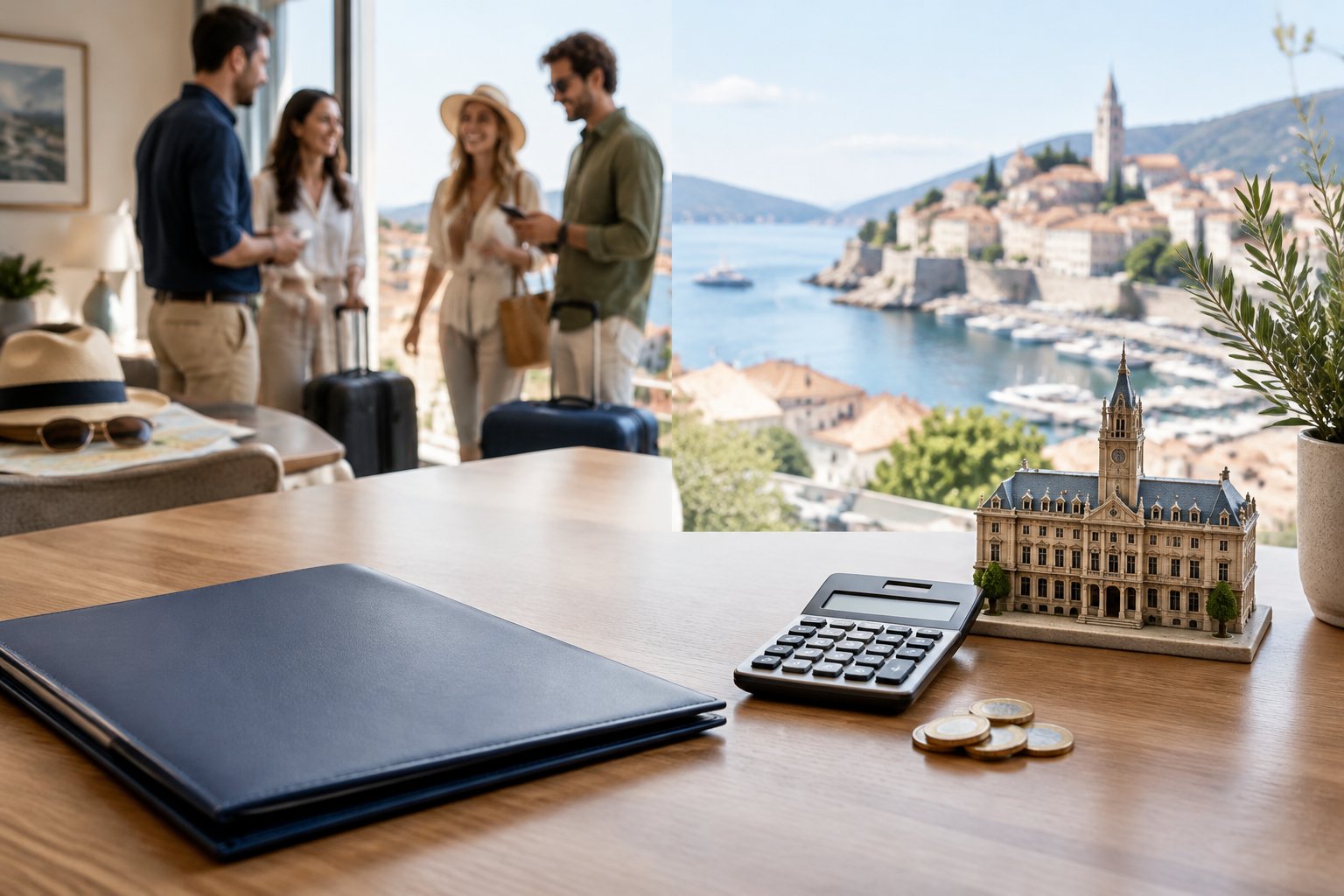 Friends plan a trip beside a desk with financial documents and a calculator.
