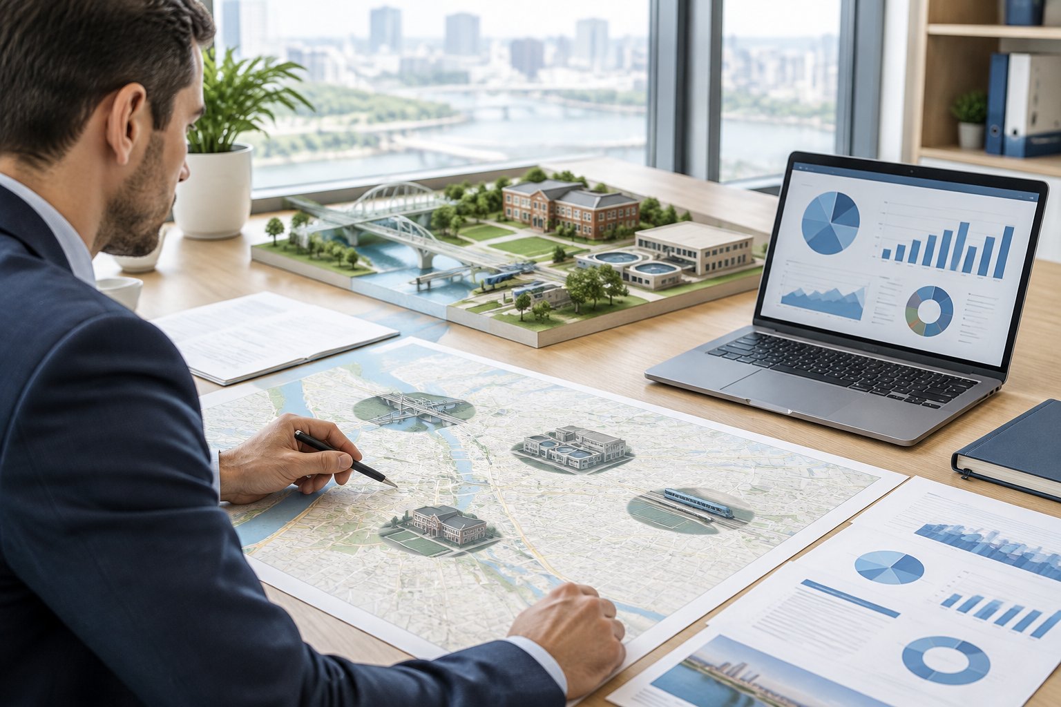 A financial analyst reviews investment documents beside a city map and models of public infrastructure.