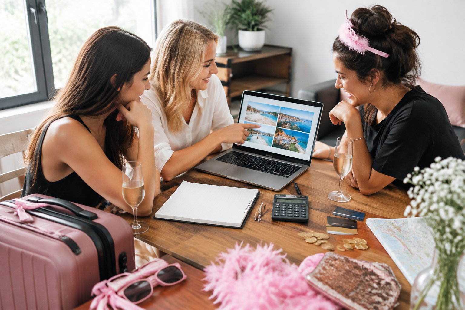 A group of women plan a hen party trip and compare travel costs.