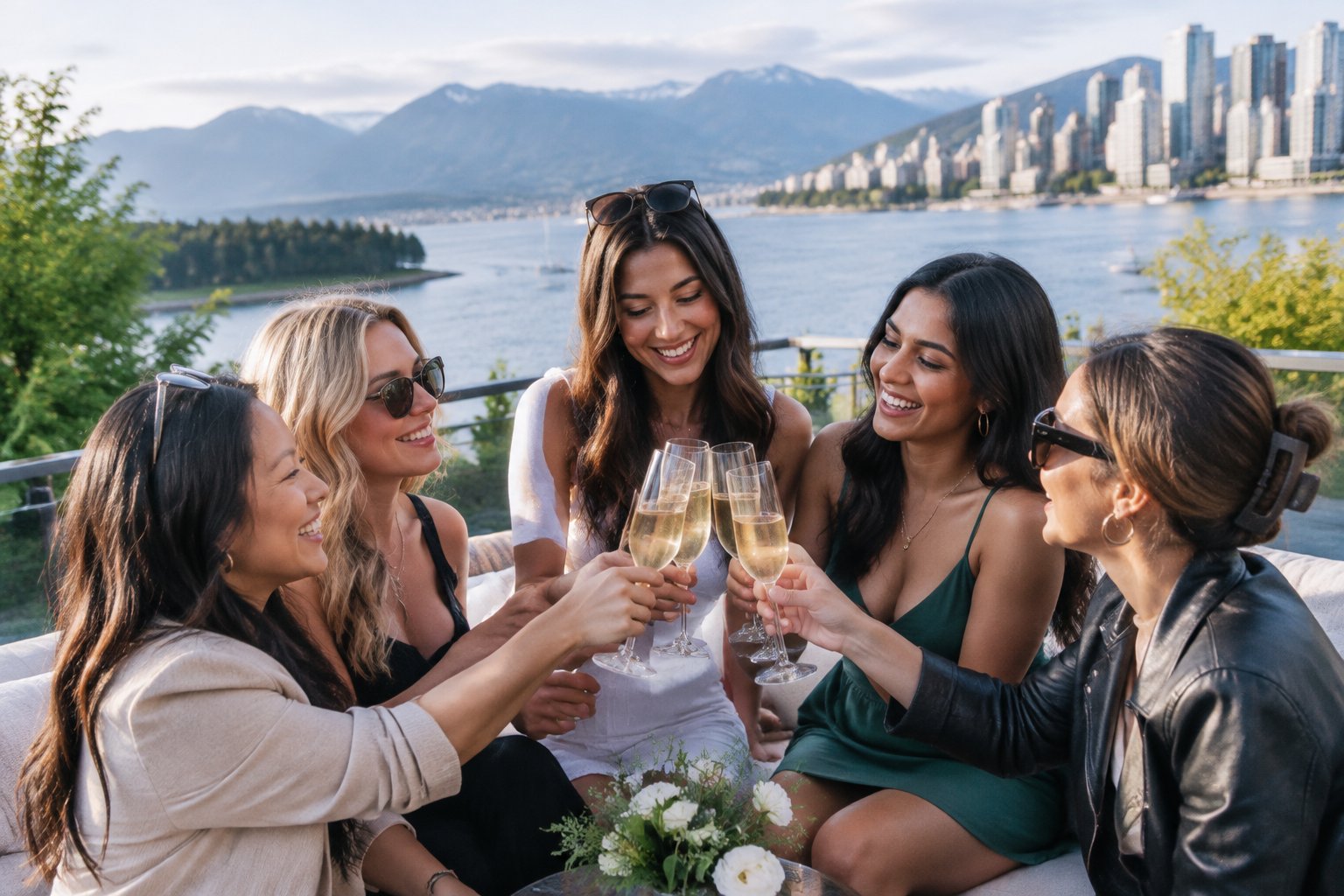 A group of women friends toast together on a waterfront terrace overlooking Vancouver.