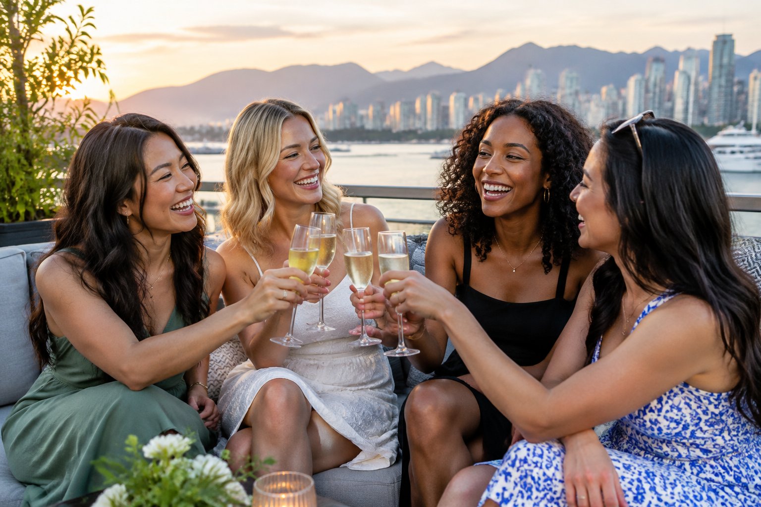 Friends celebrate together on a Vancouver waterfront patio.