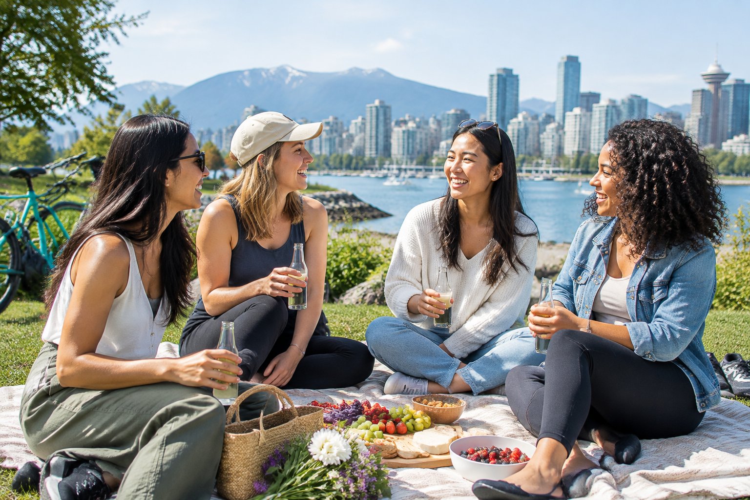 A group of friends sharing a picnic in a Vancouver park with the city and mountains behind them.