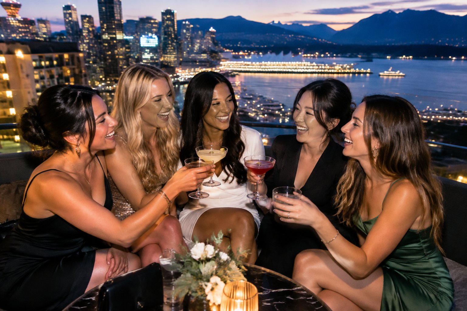A group of friends celebrates together at a Vancouver rooftop lounge overlooking the city and harbor.
