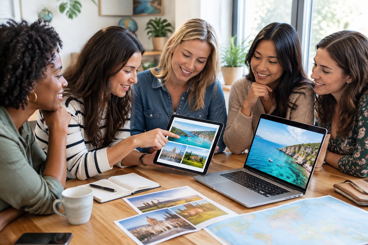 A group of friends compares getaway ideas around a table.