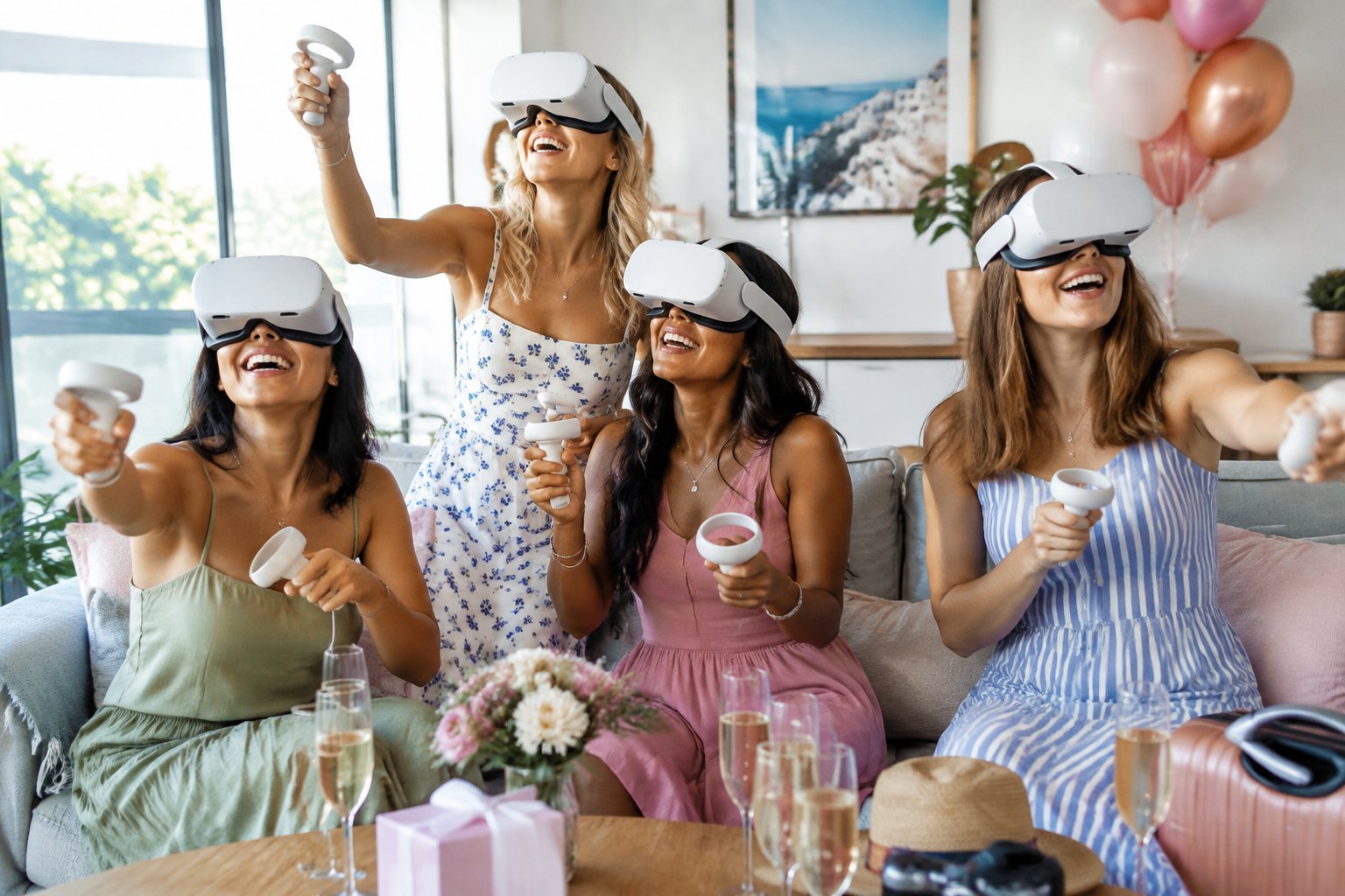 A group of women celebrating together while wearing virtual-reality headsets.