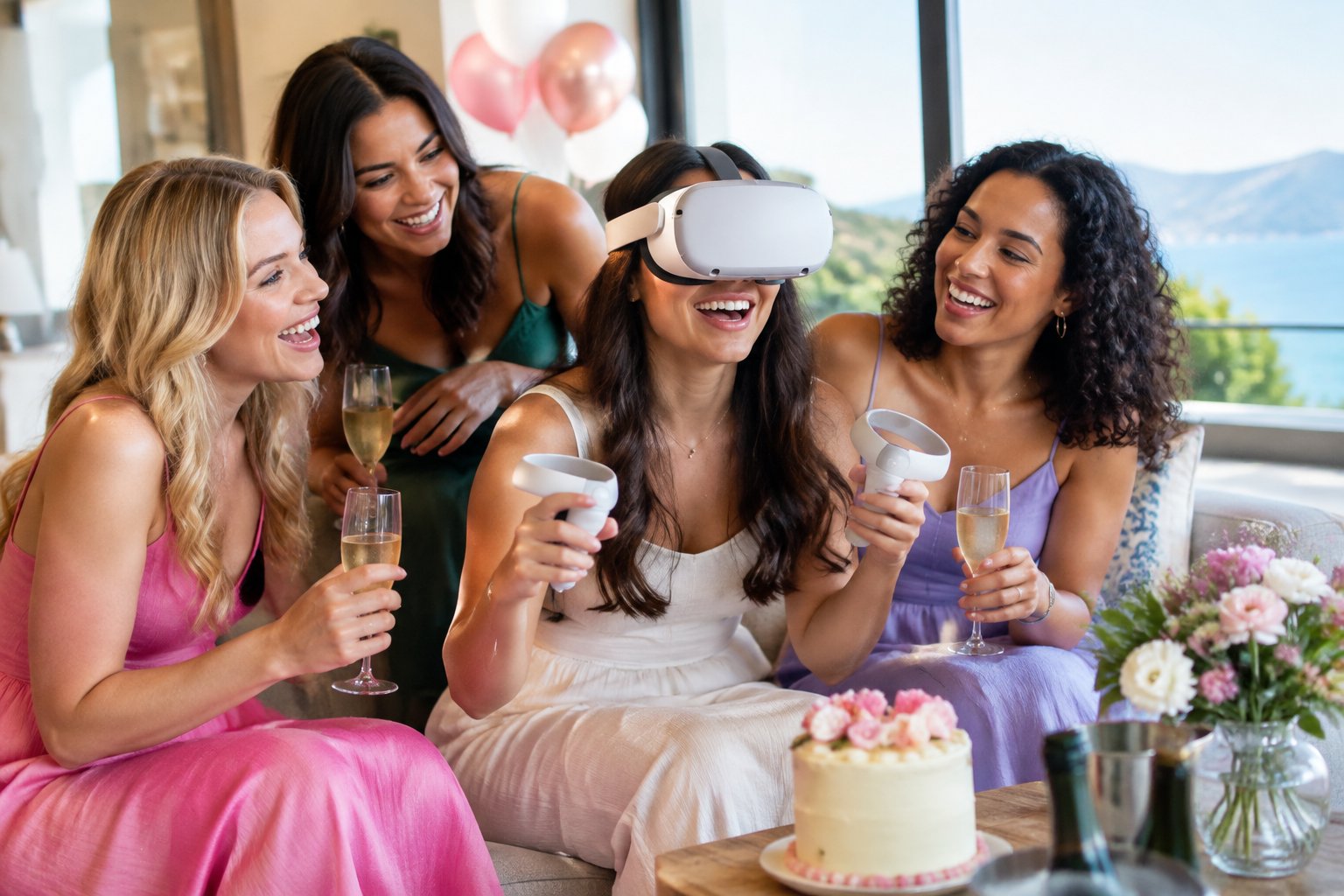 A woman wearing a virtual reality headset celebrates with her friends at a hen weekend.
