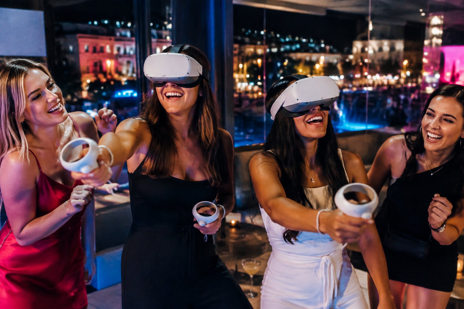 Friends celebrate a hen party while two women try virtual reality headsets in a city lounge.