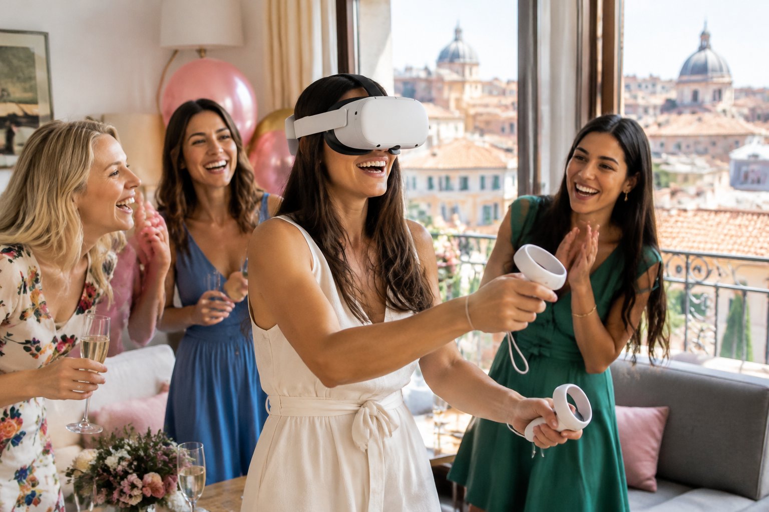 Friends celebrate together as one woman tries a virtual reality headset in a European city apartment.