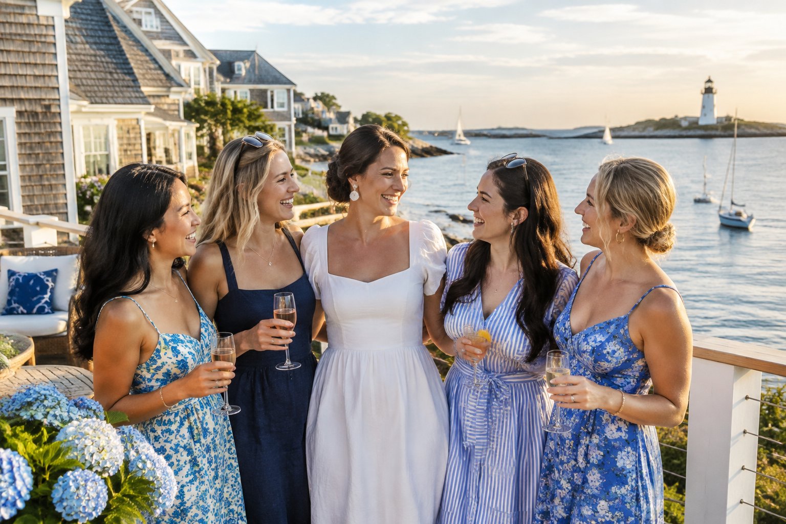 A group of friends celebrates together on a terrace overlooking a northeastern coastal harbor.