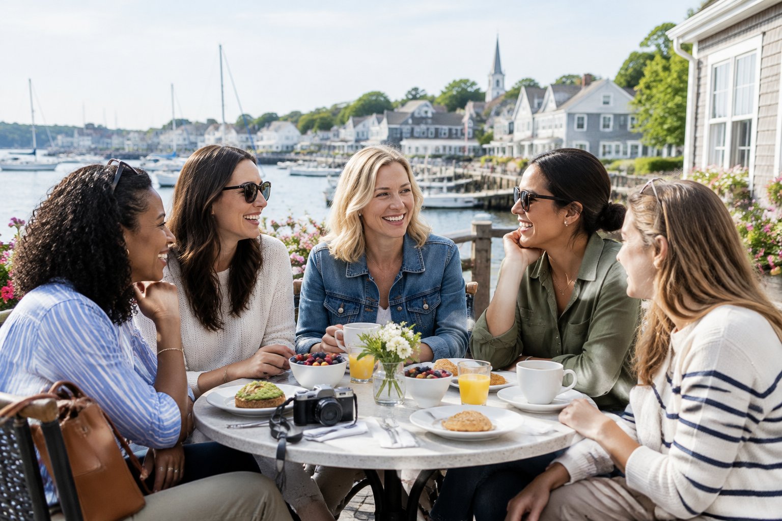 A group of friends enjoying brunch together at a café overlooking a coastal harbor.