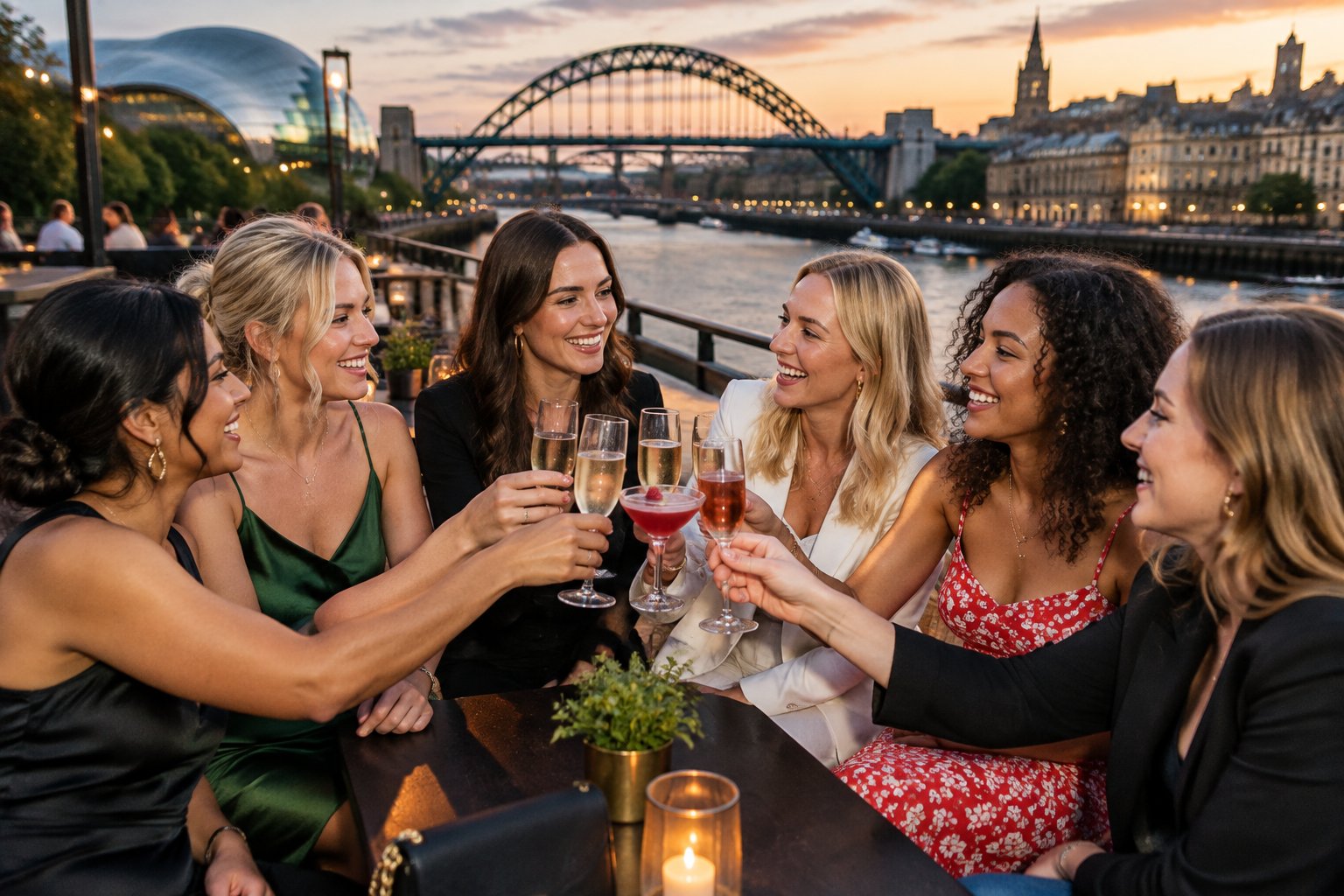 A group of friends celebrates together beside the River Tyne in Newcastle.