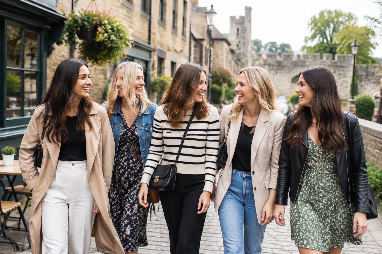 A group of friends walks along a historic cobbled street in York.