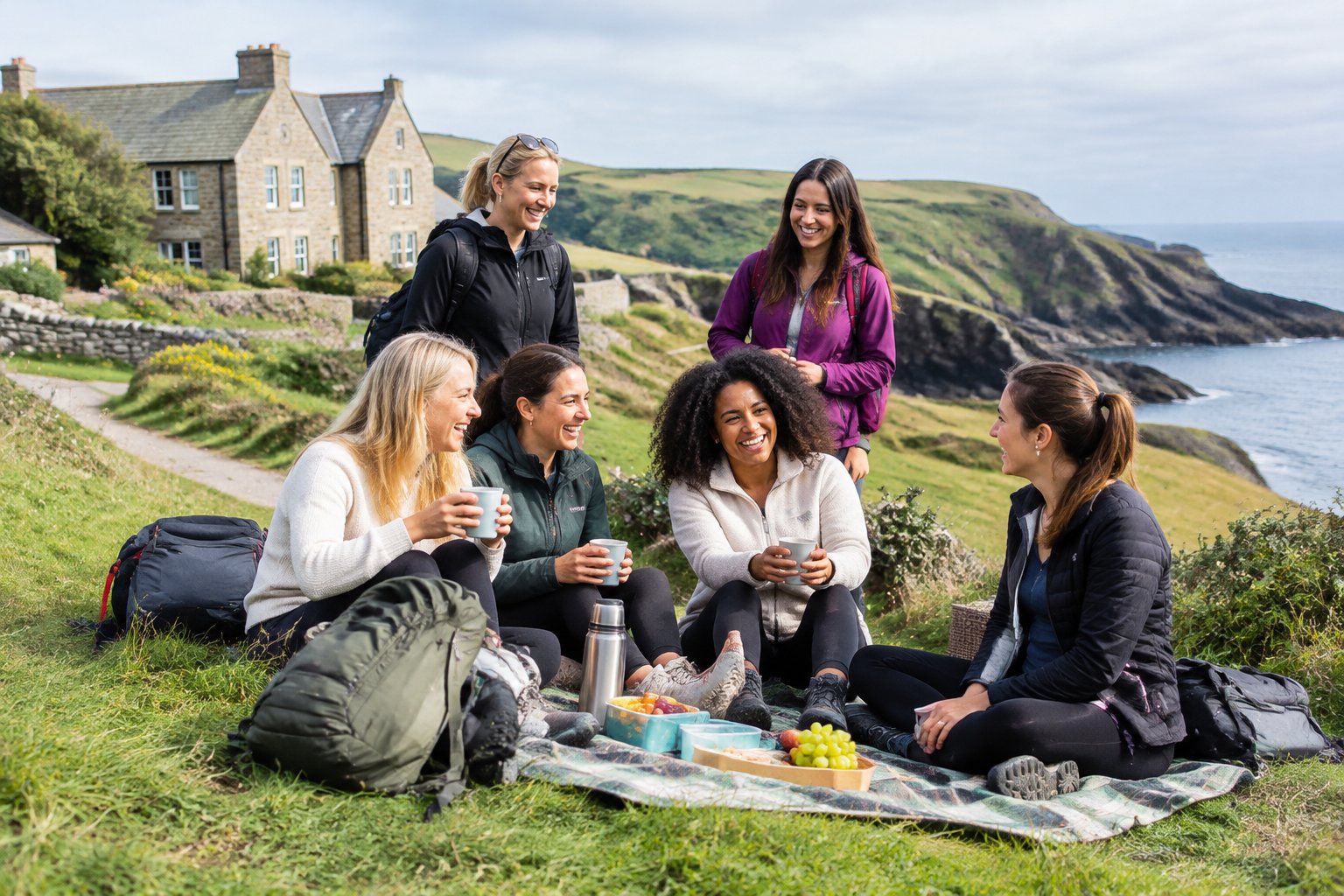 A group of friends enjoys a countryside walk near a welcoming retreat.