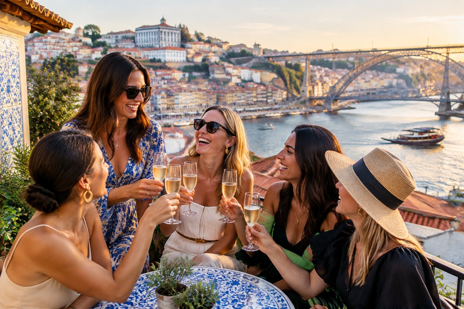 A group of friends celebrates on a terrace overlooking Porto and the Douro River.