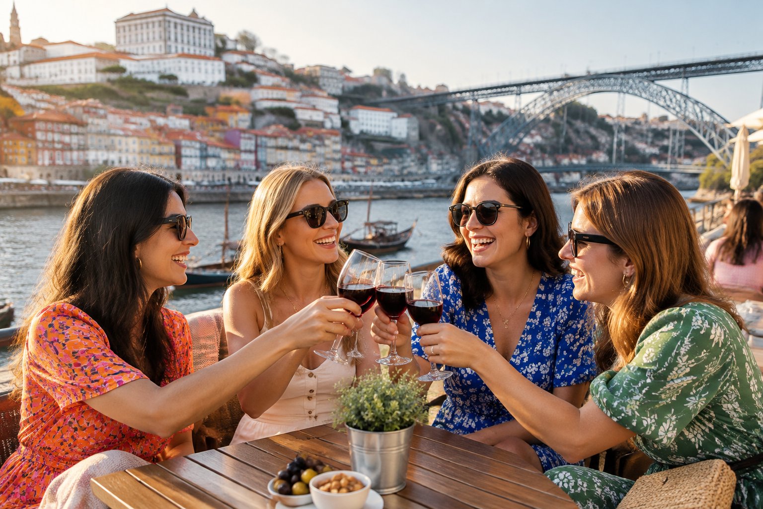 A group of friends celebrating together on a riverside terrace in Porto.