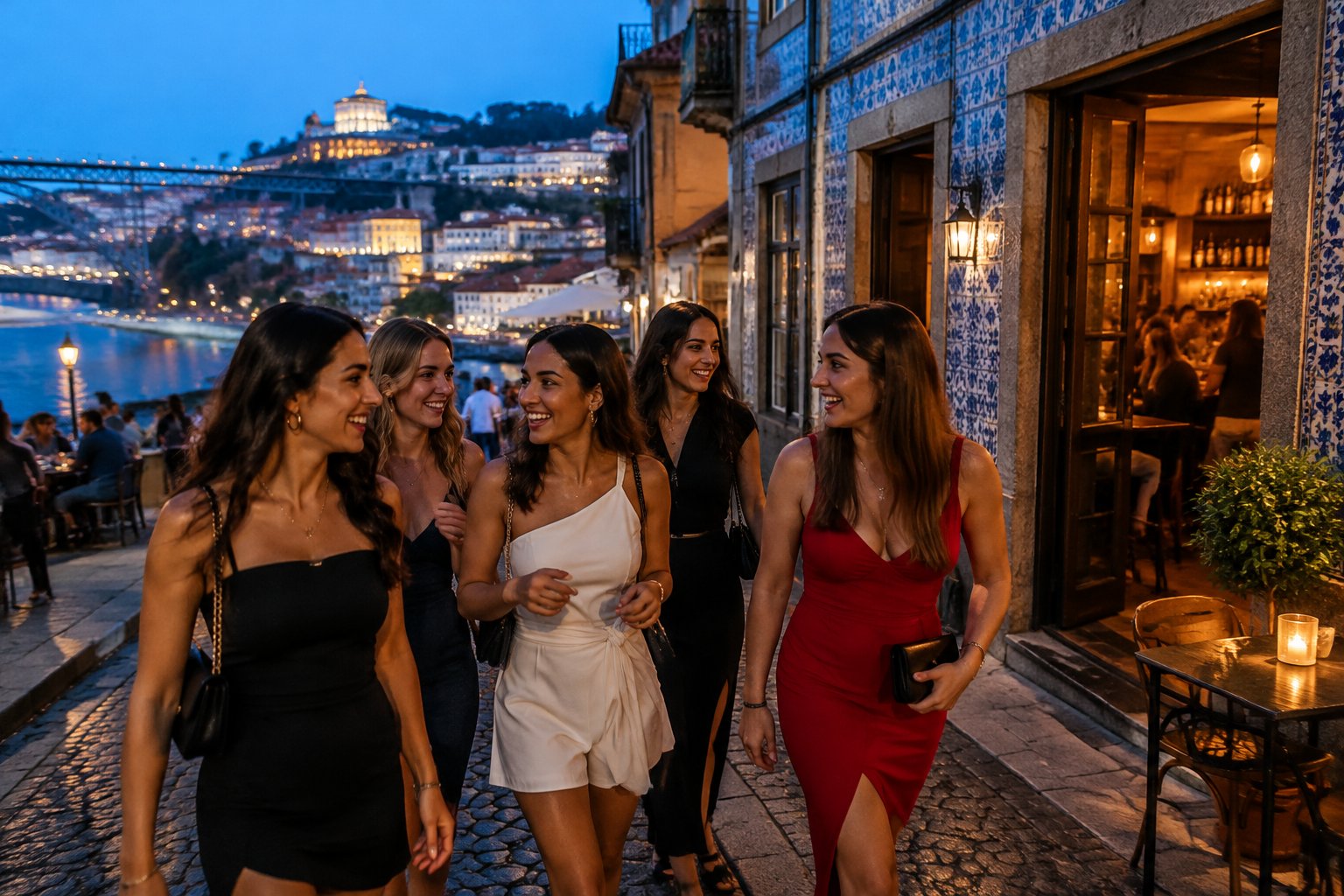 A group of friends enjoys a lively evening on a historic Porto street.