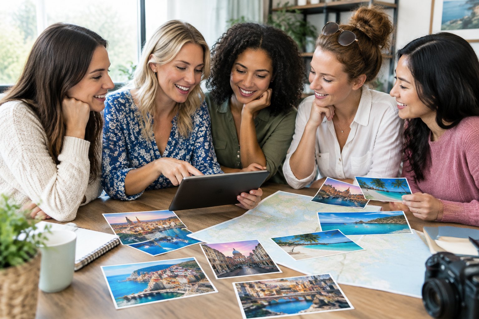 A group of friends compares travel ideas around a table.