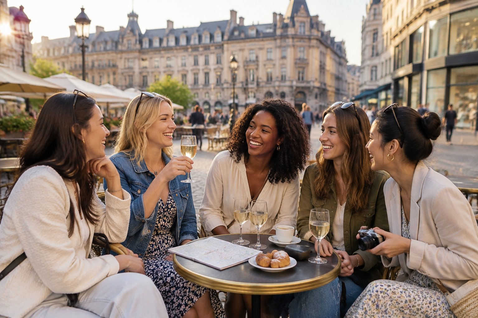 A group of friends enjoying drinks and pastries at an outdoor café in a city square.