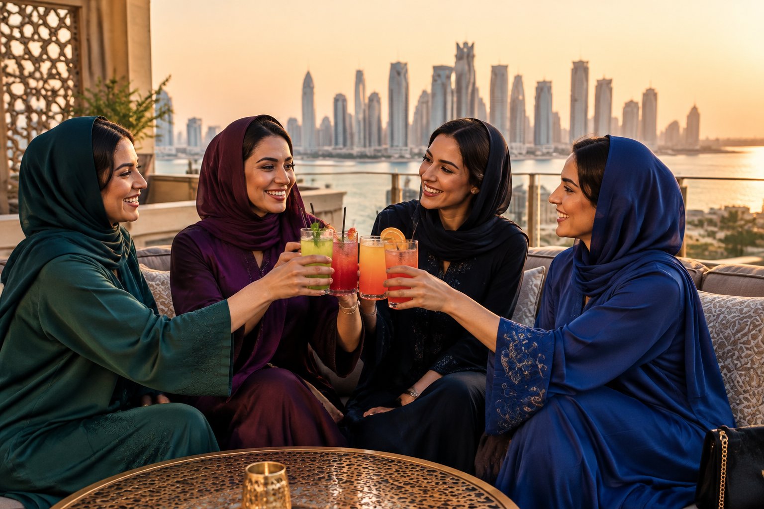 A group of women celebrate together at a rooftop lounge overlooking Doha.