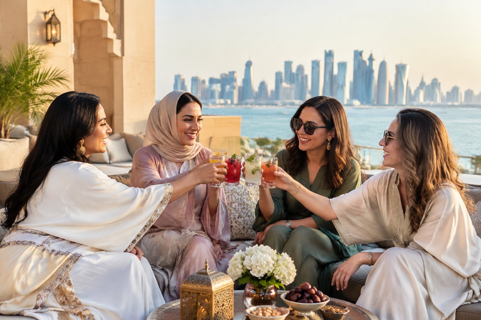 A group of women friends enjoying a celebratory getaway on a Doha hotel terrace.