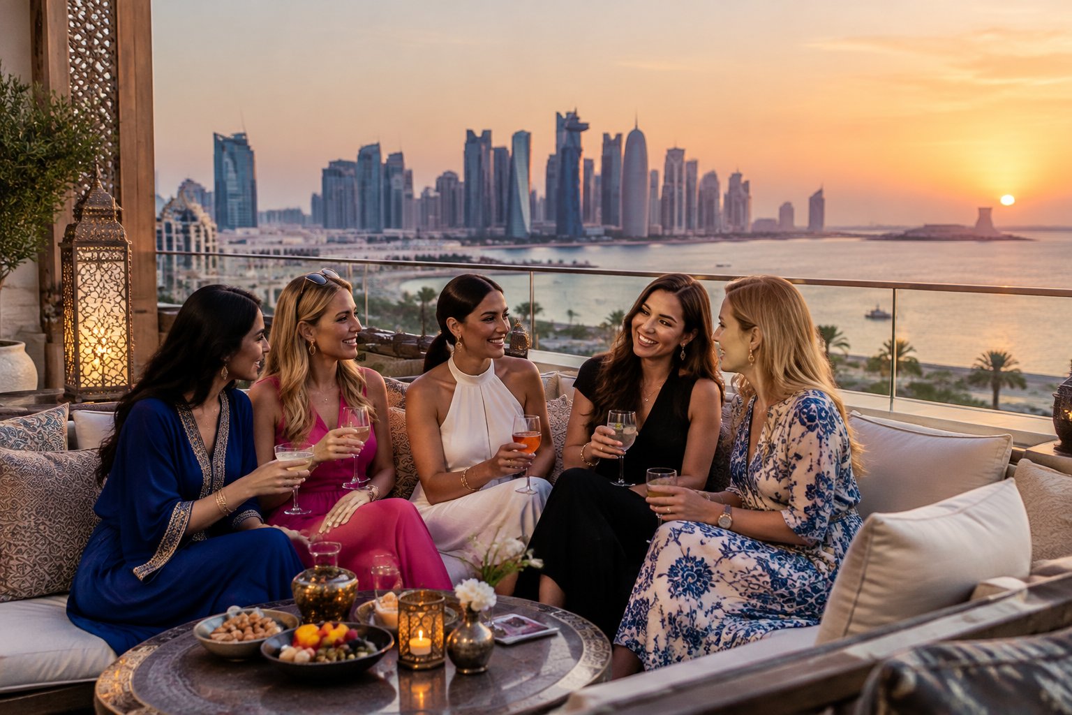 A group of friends relaxing on a hotel rooftop in Doha.
