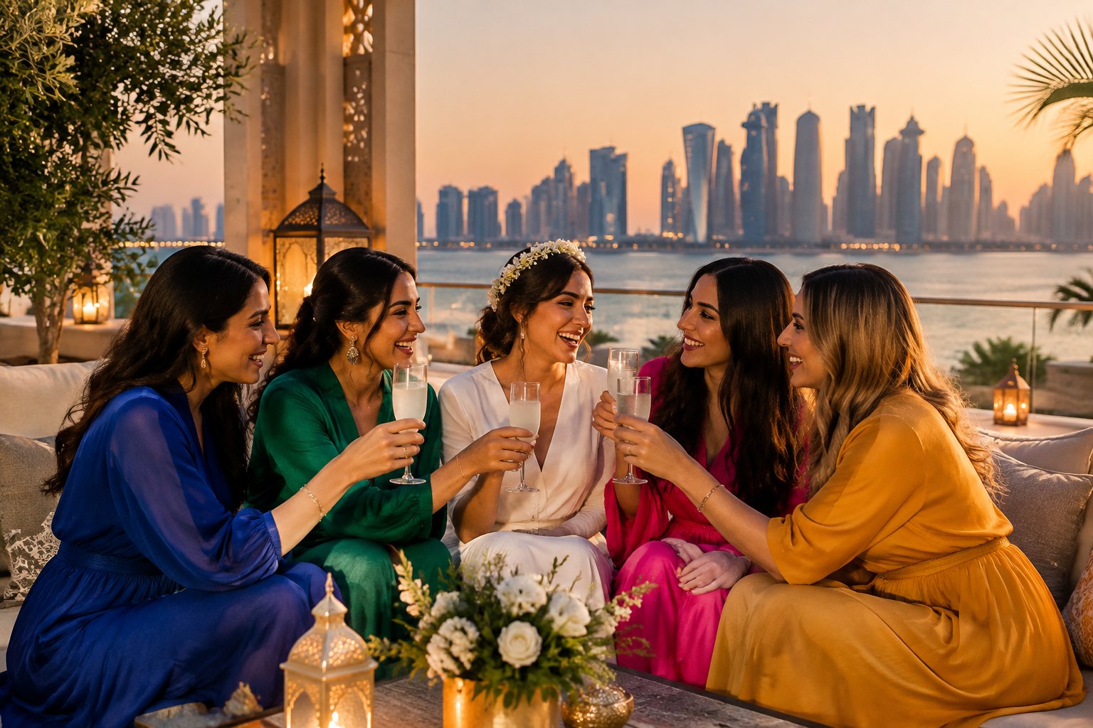 A bride-to-be celebrates with friends at a rooftop lounge in Doha.