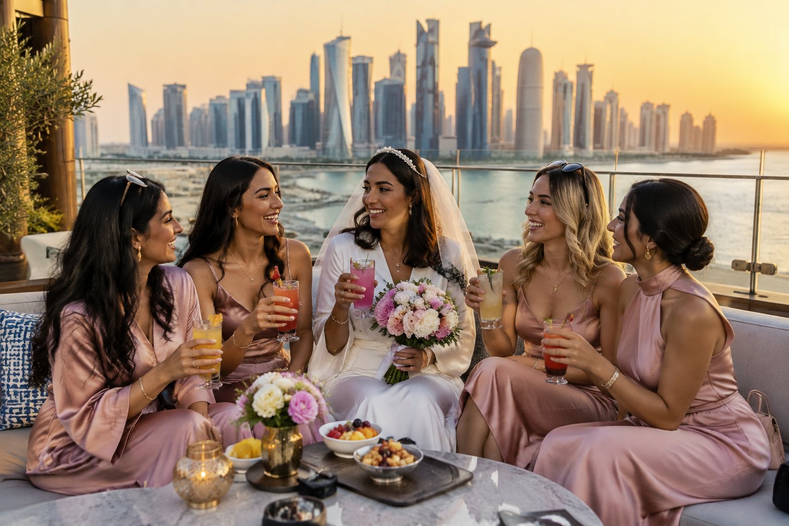 A group of friends celebrating together at a rooftop lounge overlooking Doha.