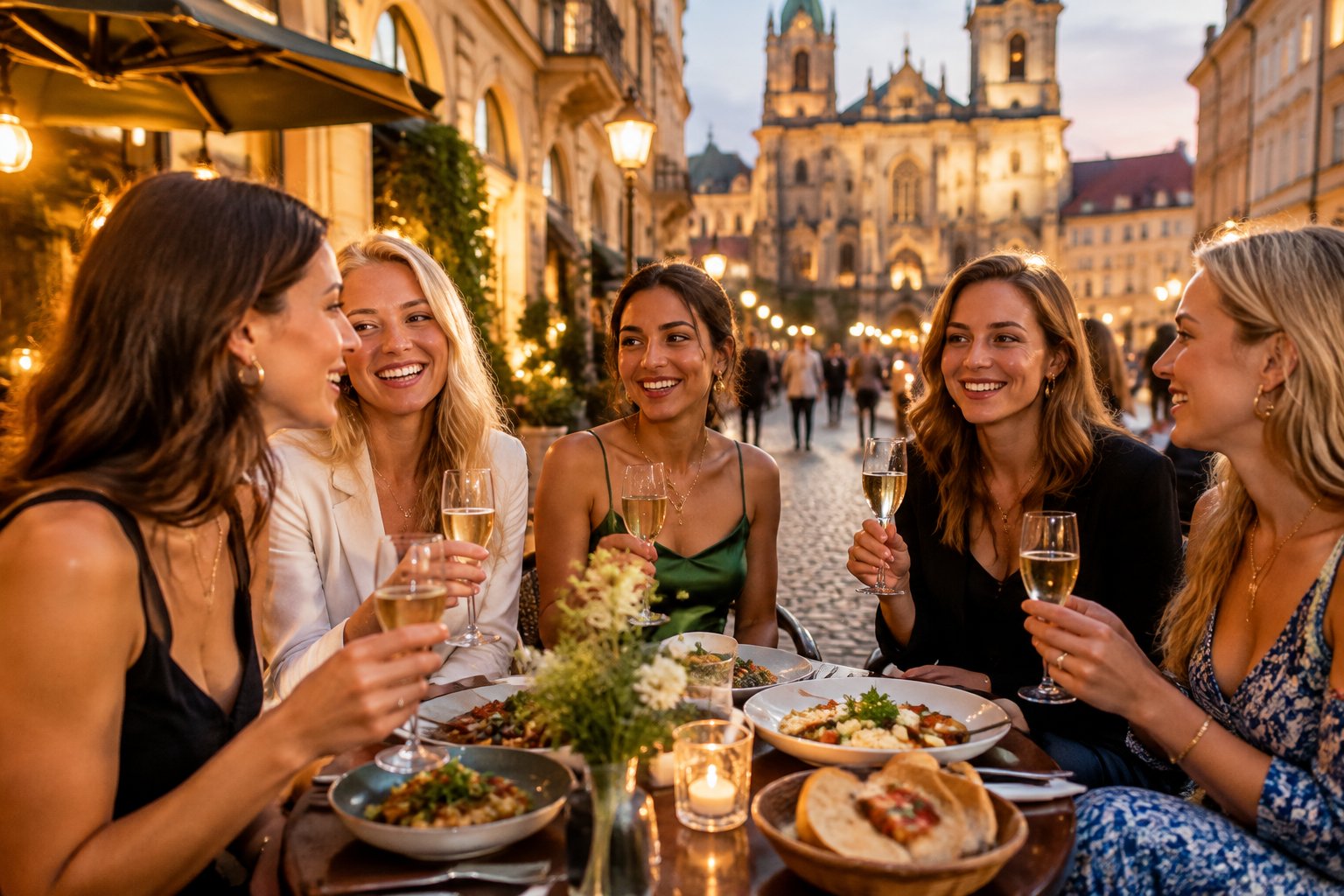 A group of friends sharing dinner on a lively European city terrace.
