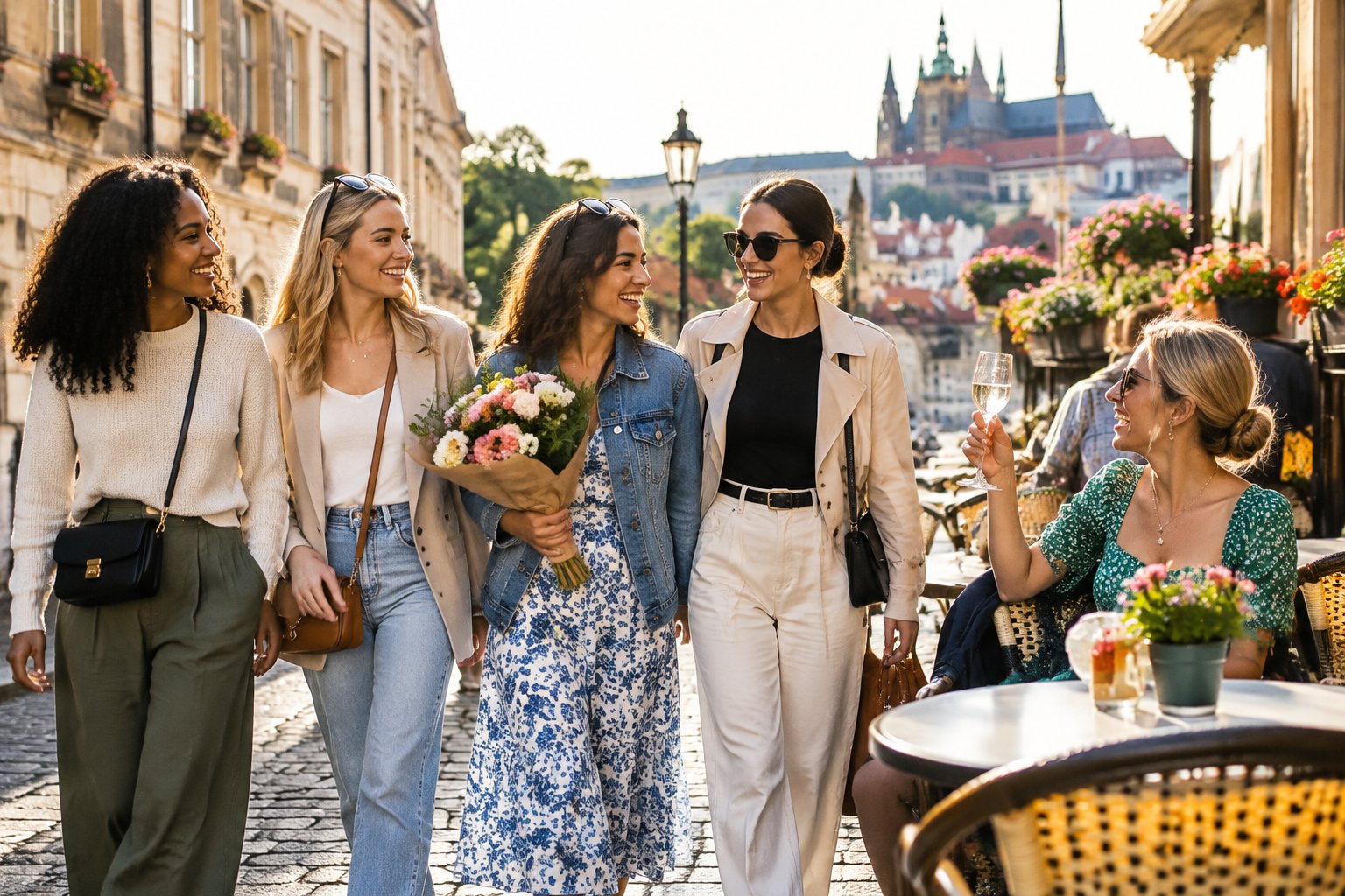 A group of friends celebrating together at an outdoor café on a European city street.