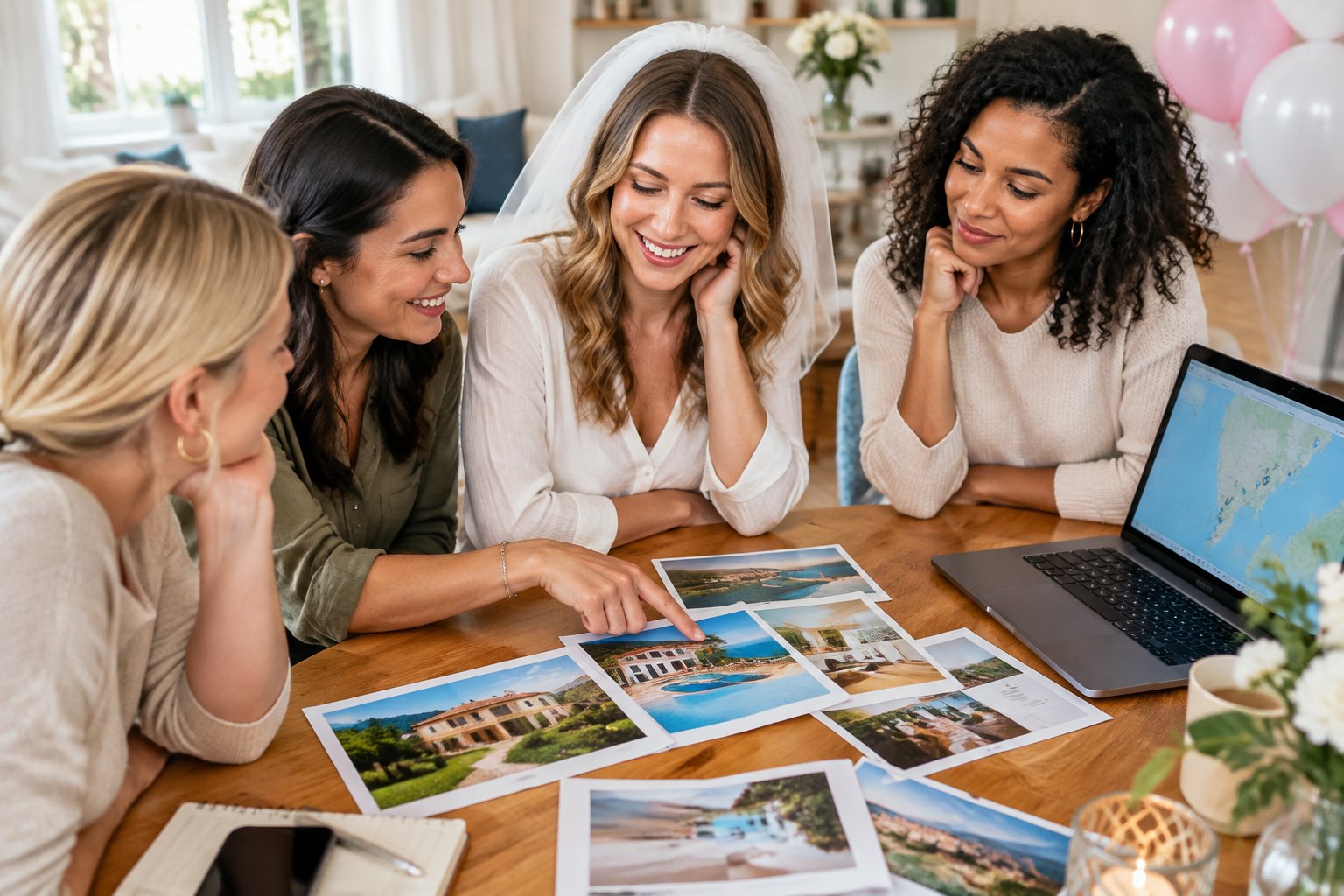 Friends discuss getaway homes with the bride-to-be around a table.