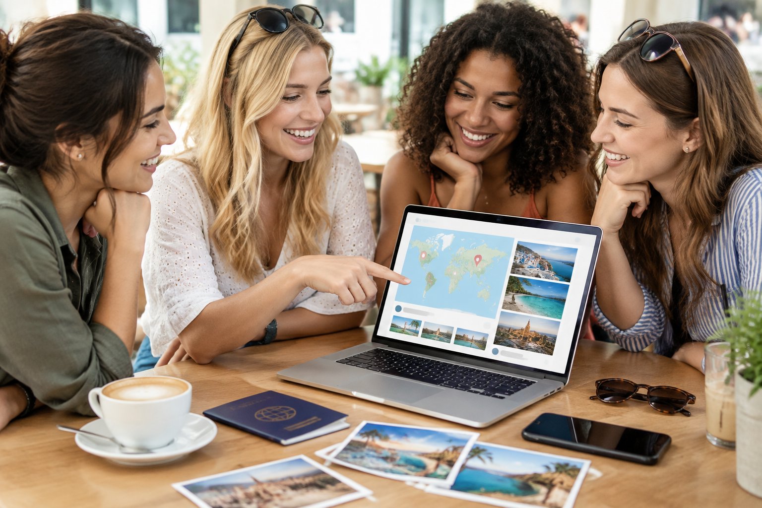 Friends gather around a laptop to plan a celebratory trip.