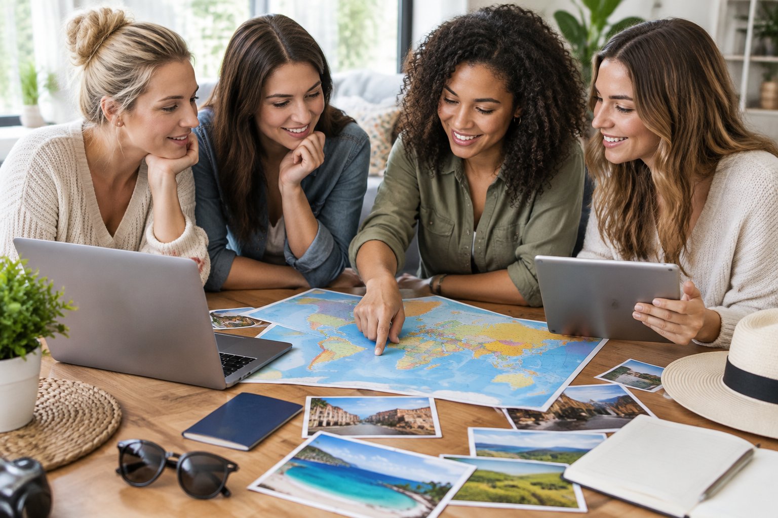 Friends compare travel destinations around a table.